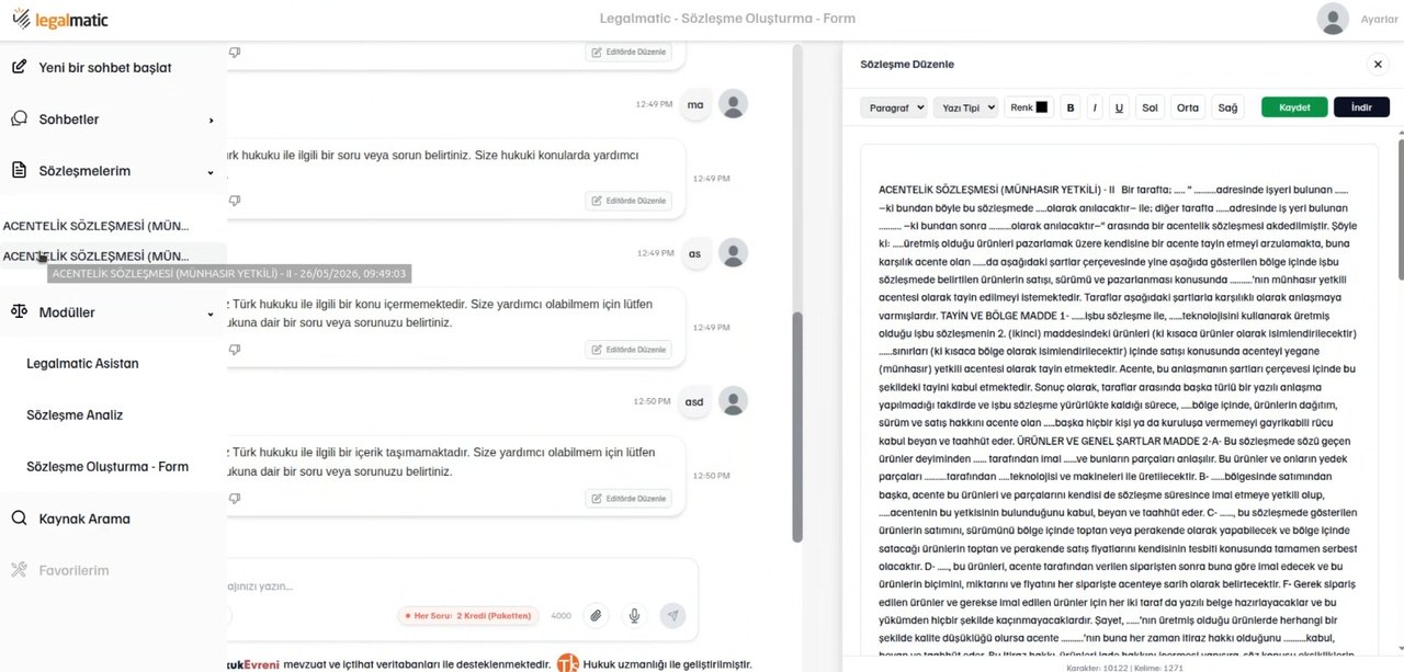 Legalmatic Asistan arayüzü: sohbet ve sözleşme editörü ekranı