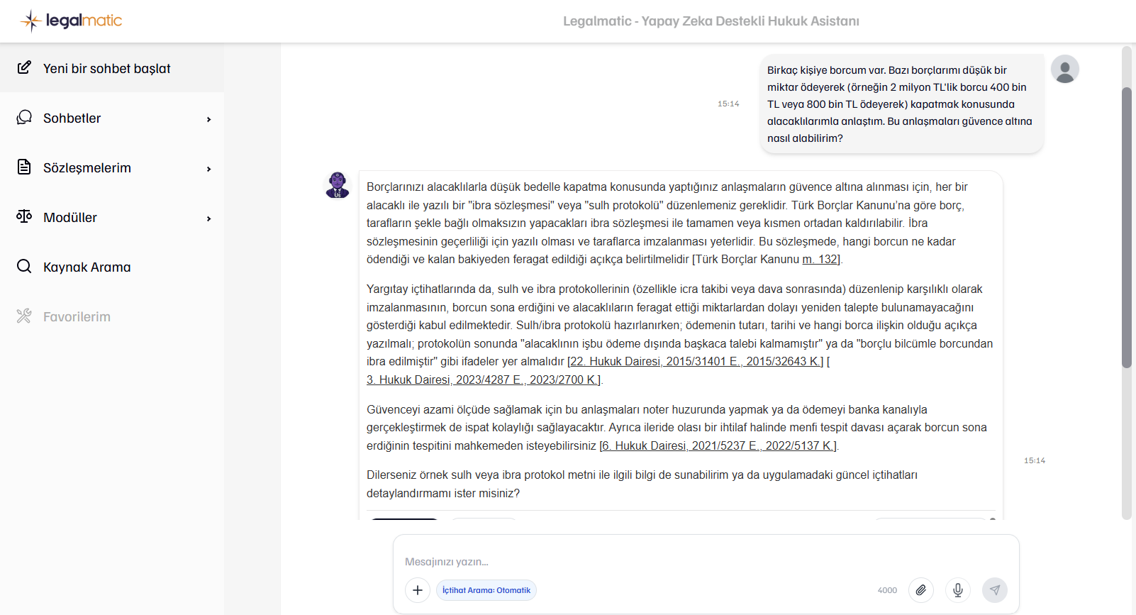 Legalmatic Asistan arayüzü: sohbet ve sözleşme editörü ekranı