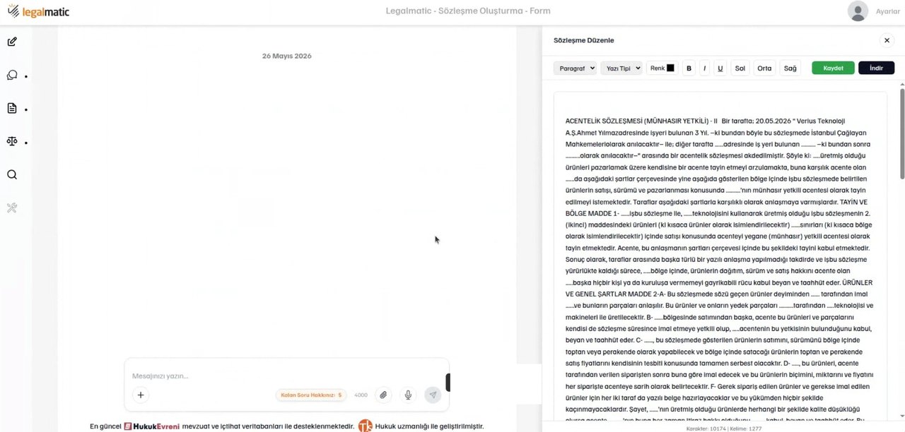 Sözleşme oluşturma ve düzenleme ekranı